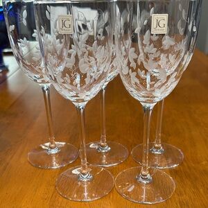 JG Durand Etched Leaf French Crystal Wine Glasses - Set of 5. Stunning!